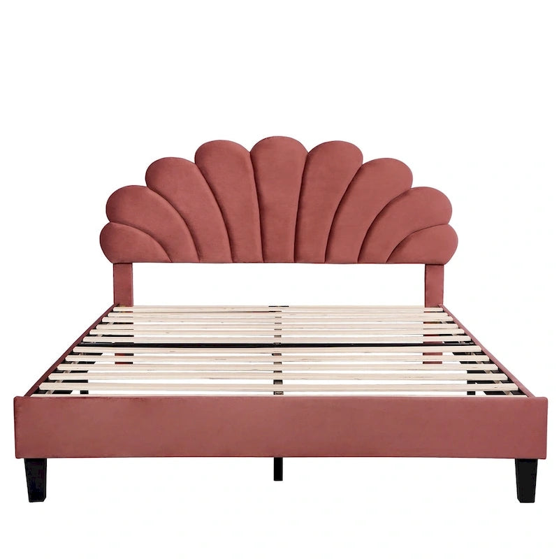 Red Velvet Queen Size Upholstered Platform Bed with Flower Pattern Headboard, No Box Spring Required