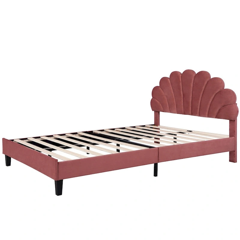 Red Velvet Queen Size Upholstered Platform Bed with Flower Pattern Headboard, No Box Spring Required
