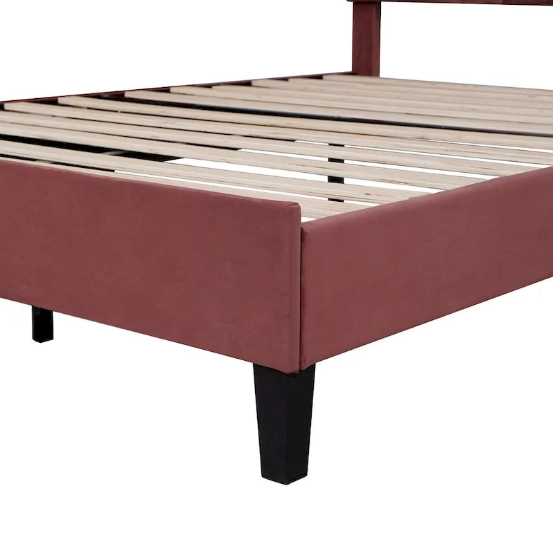 Red Velvet Queen Size Upholstered Platform Bed with Flower Pattern Headboard, No Box Spring Required