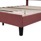 Red Velvet Queen Size Upholstered Platform Bed with Flower Pattern Headboard, No Box Spring Required