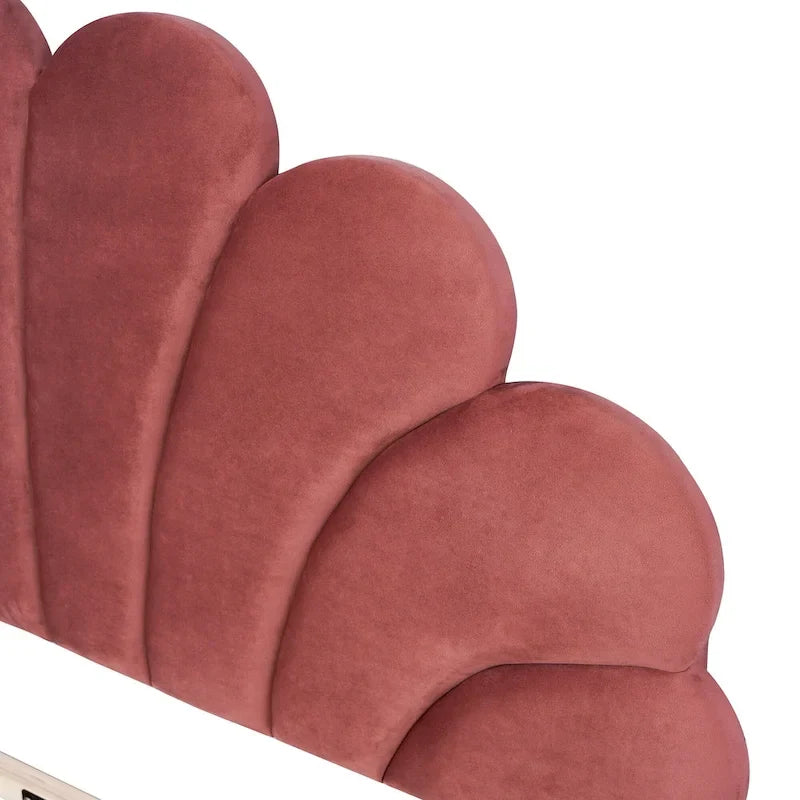 Red Velvet Queen Size Upholstered Platform Bed with Flower Pattern Headboard, No Box Spring Required