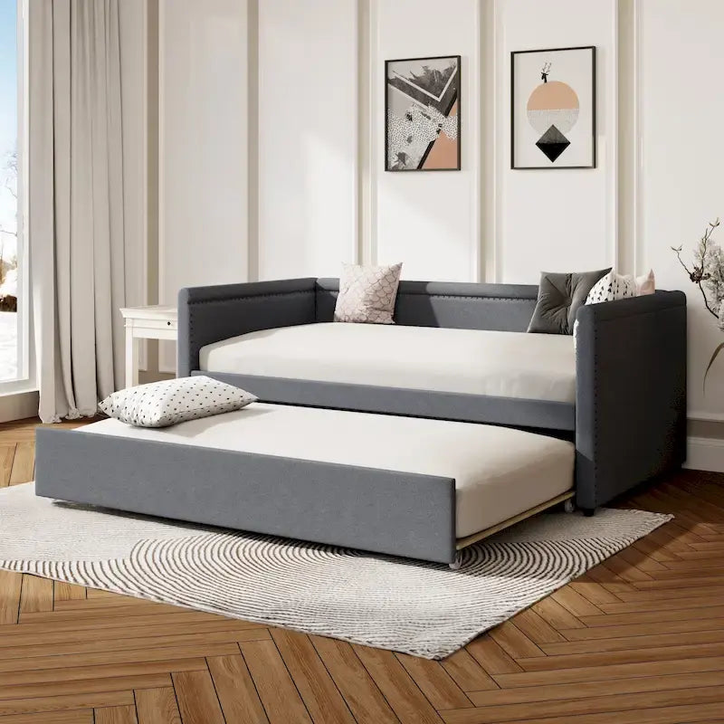 Twin Size Upholstered Daybed with Trundle Modern Linen Fabric, No Box Spring Needed