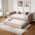 Twin Size Upholstered Daybed with Trundle Modern Linen Fabric, No Box Spring Needed