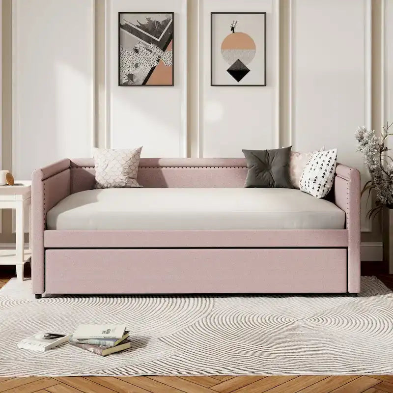 Twin Size Upholstered Daybed with Trundle Modern Linen Fabric, No Box Spring Needed
