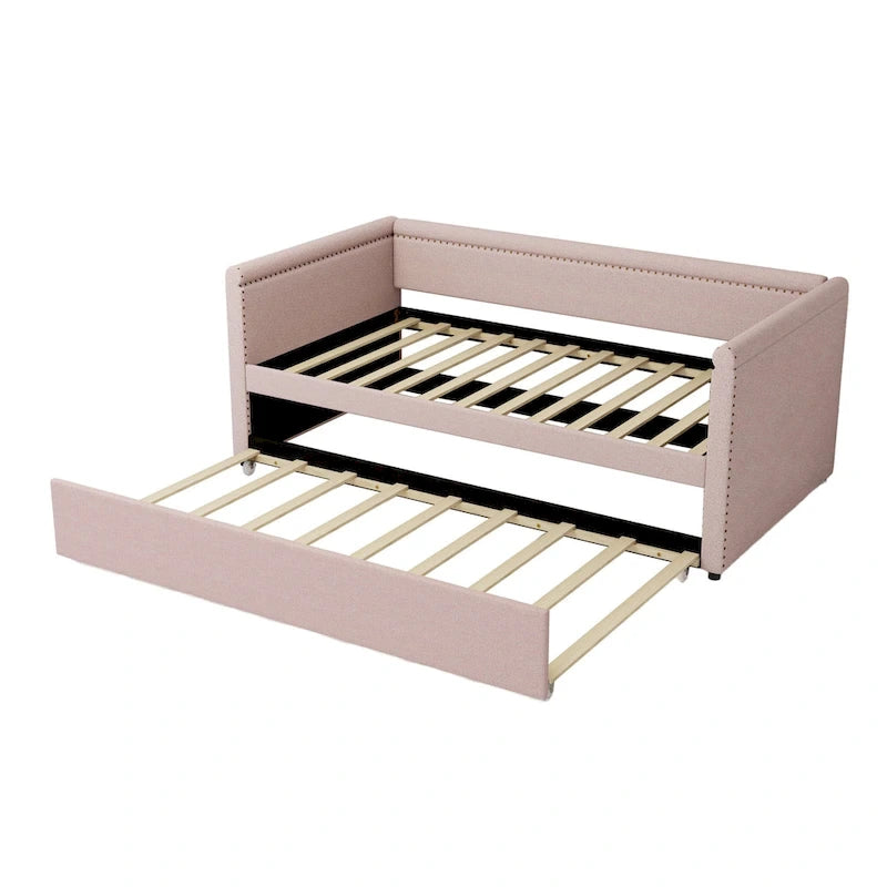 Twin Size Upholstered Daybed with Trundle Modern Linen Fabric, No Box Spring Needed