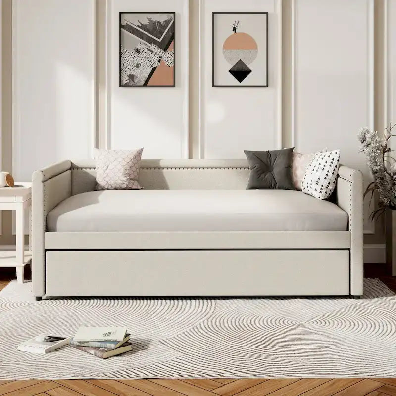 Twin Size Upholstered Daybed with Trundle Modern Linen Fabric, No Box Spring Needed