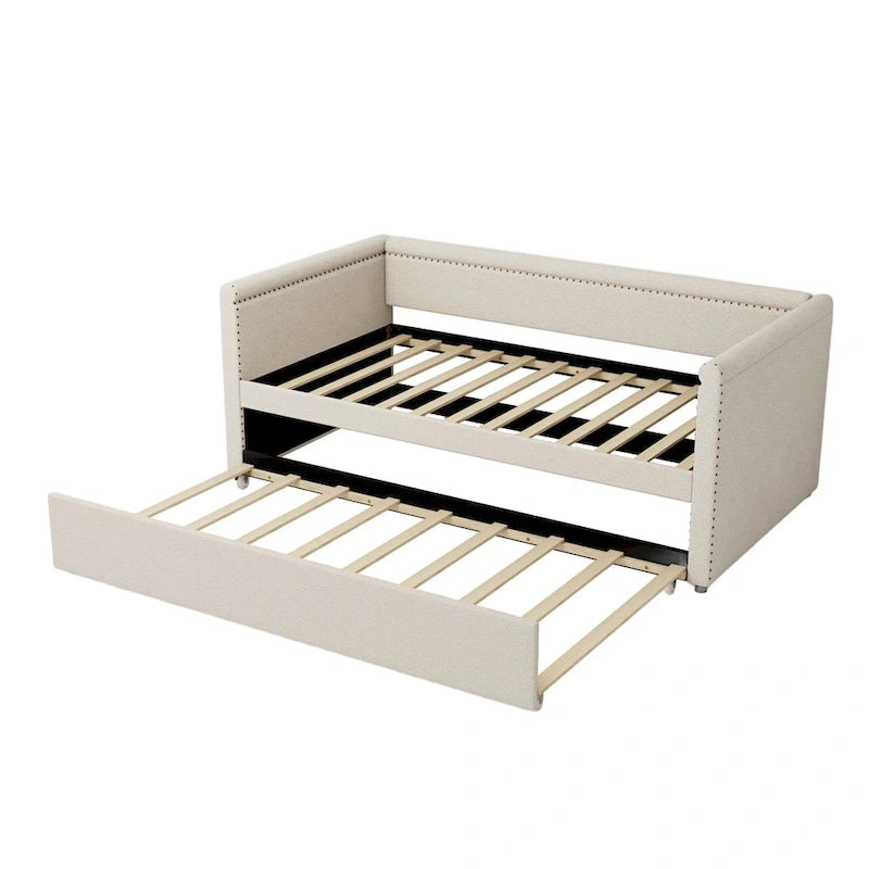 Twin Size Upholstered Daybed with Trundle Modern Linen Fabric, No Box Spring Needed