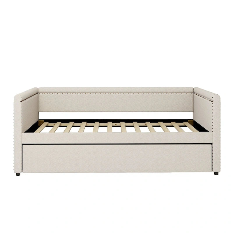 Twin Size Upholstered Daybed with Trundle Modern Linen Fabric, No Box Spring Needed