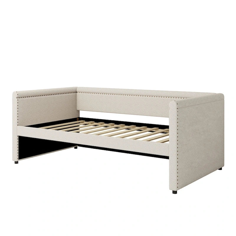 Twin Size Upholstered Daybed with Trundle Modern Linen Fabric, No Box Spring Needed
