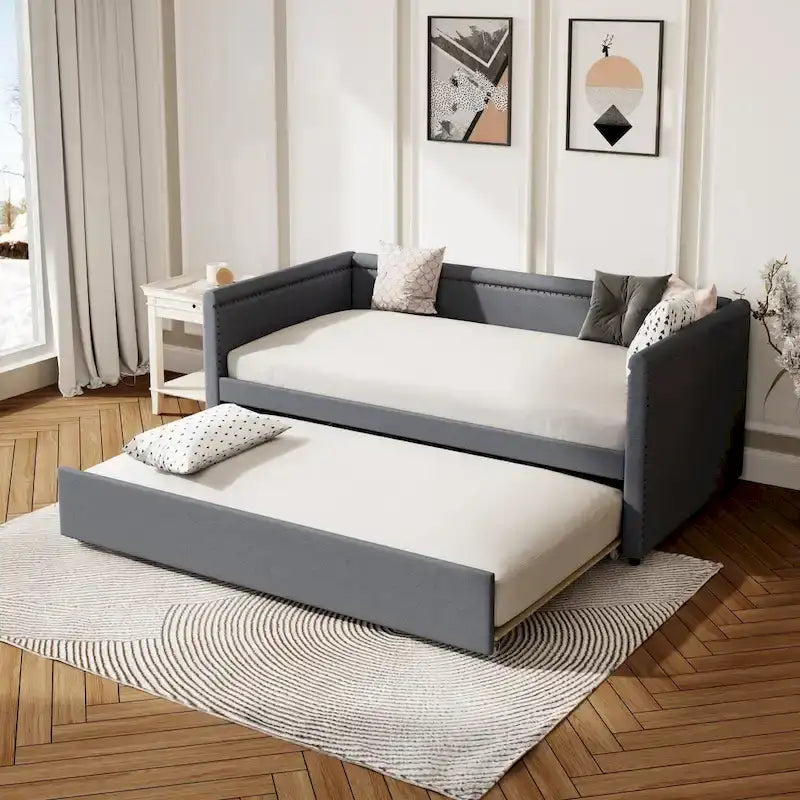 Twin Size Upholstered Daybed with Trundle Modern Linen Fabric, No Box Spring Needed