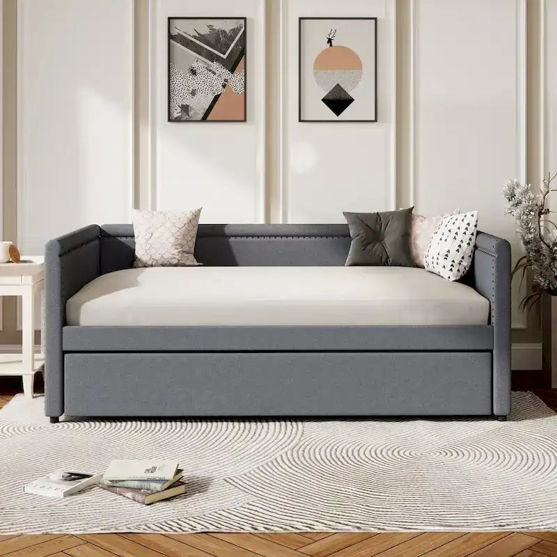 Twin Size Upholstered Daybed with Trundle Modern Linen Fabric, No Box Spring Needed