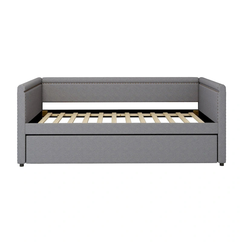 Twin Size Upholstered Daybed with Trundle Modern Linen Fabric, No Box Spring Needed
