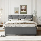 Grey Queen Size Upholstered Platform Bed with Brick Pattern Headboard and Twin Size Trundle