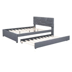 Grey Queen Size Upholstered Platform Bed with Brick Pattern Headboard and Twin Size Trundle