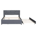 Grey Queen Size Upholstered Platform Bed with Brick Pattern Headboard and Twin Size Trundle