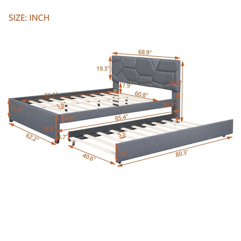 Grey Queen Size Upholstered Platform Bed with Brick Pattern Headboard and Twin Size Trundle