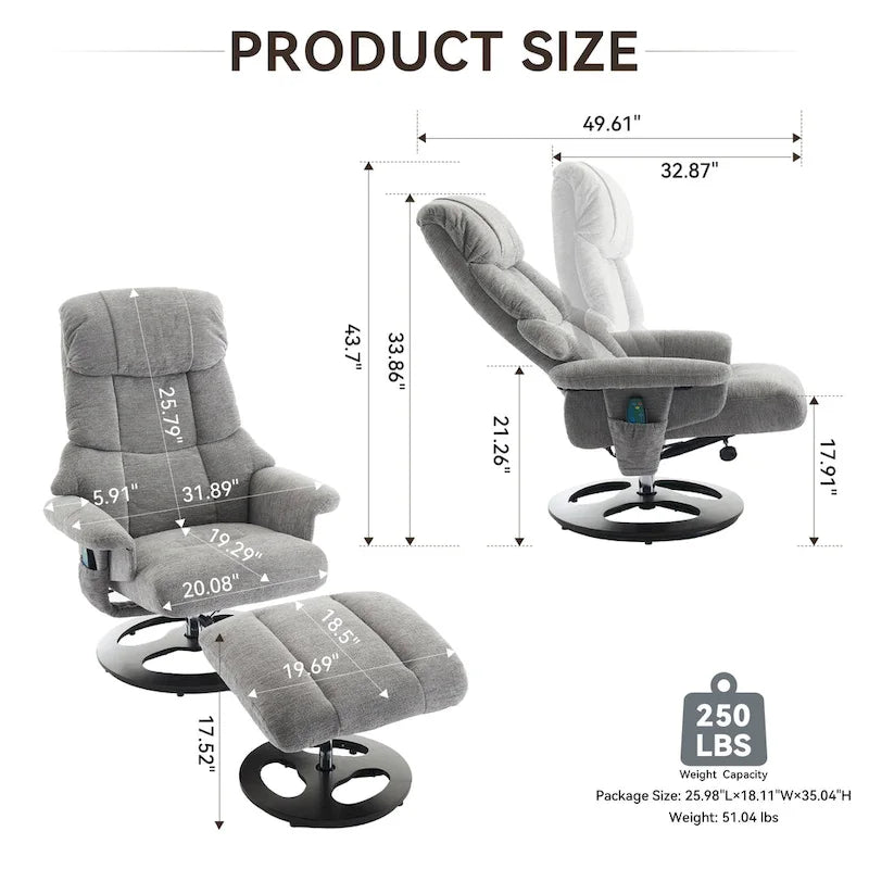 Chenille 360 Swivel Massage Recliner Chair with Ottoman, Massage and Heated Seat