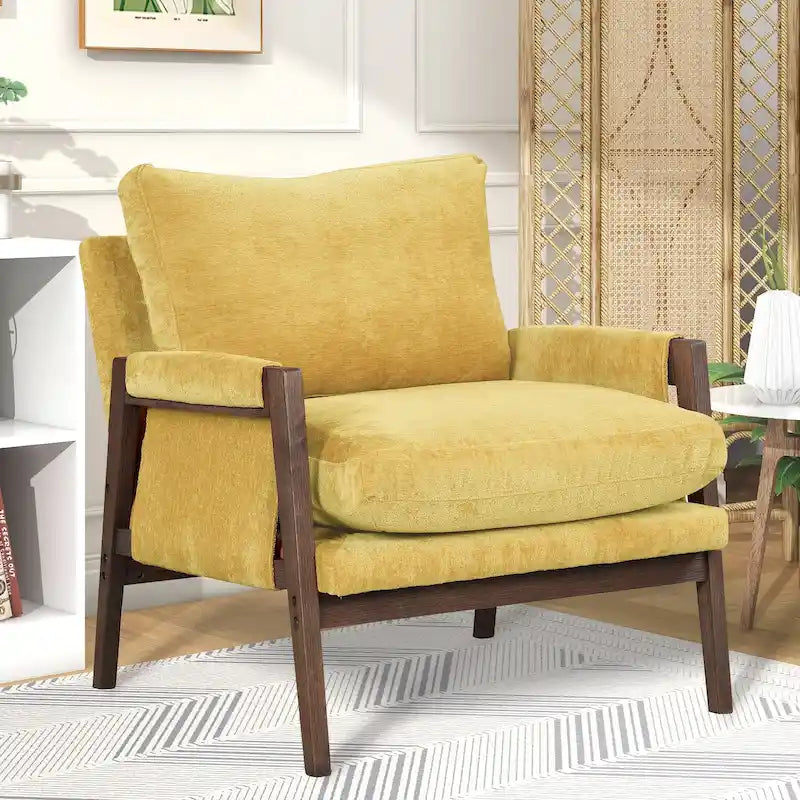 Yellow Mid-Century Modern 35.4  Velvet Arm Chair with Solid Rubber Wood Frame and Padded Feet