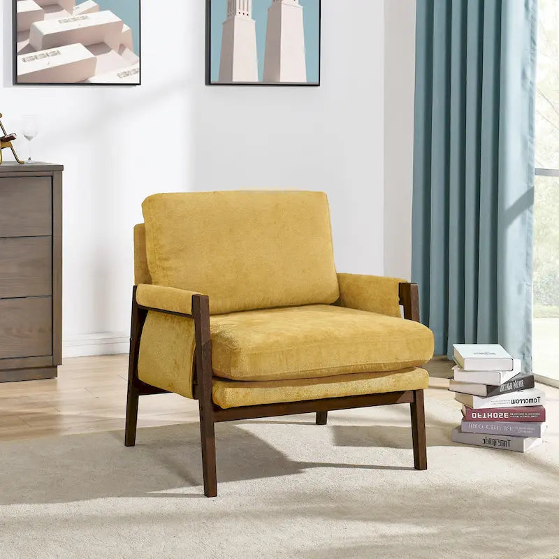 Yellow Mid-Century Modern 35.4  Velvet Arm Chair with Solid Rubber Wood Frame and Padded Feet