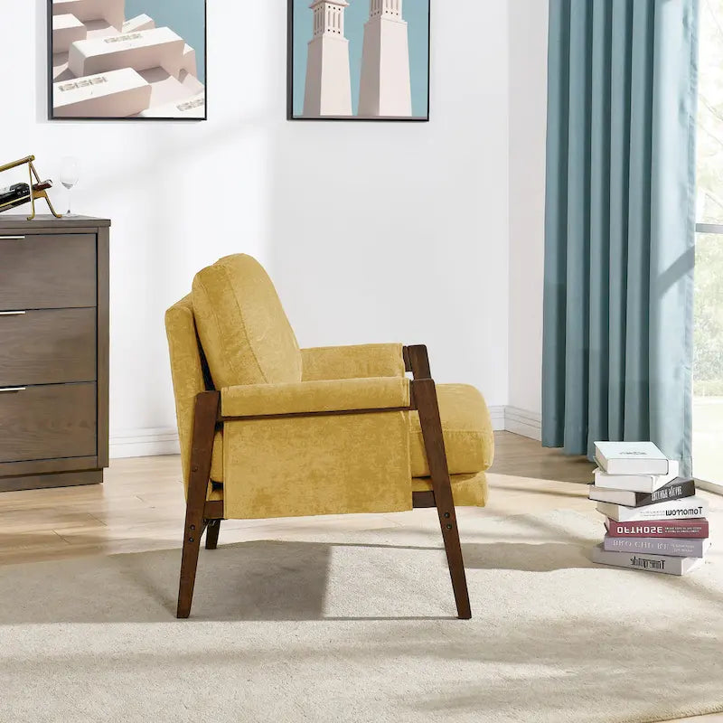 Yellow Mid-Century Modern 35.4  Velvet Arm Chair with Solid Rubber Wood Frame and Padded Feet