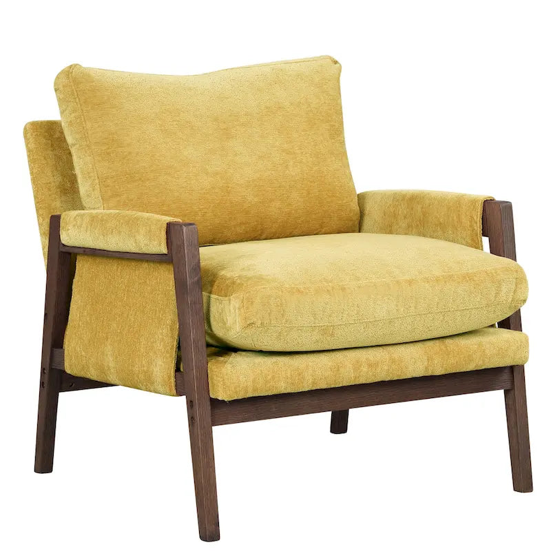 Yellow Mid-Century Modern 35.4  Velvet Arm Chair with Solid Rubber Wood Frame and Padded Feet