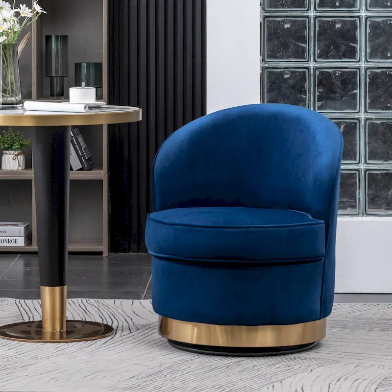 Blue Modern 22  Upholstered Velvet Accent Chair with Round Swivel Metal Base for Living Room