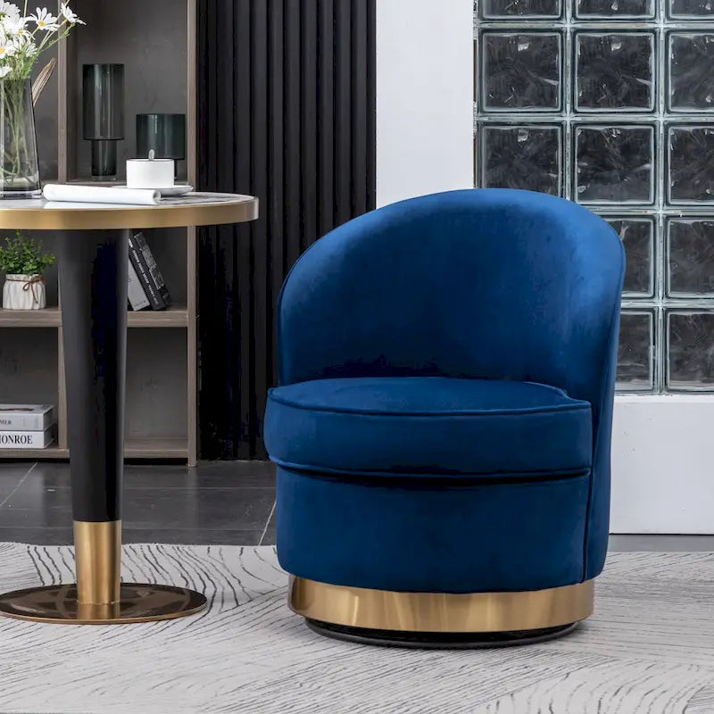 Blue Modern 22  Upholstered Velvet Accent Chair with Round Swivel Metal Base for Living Room