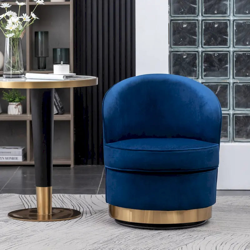 Blue Modern 22  Upholstered Velvet Accent Chair with Round Swivel Metal Base for Living Room