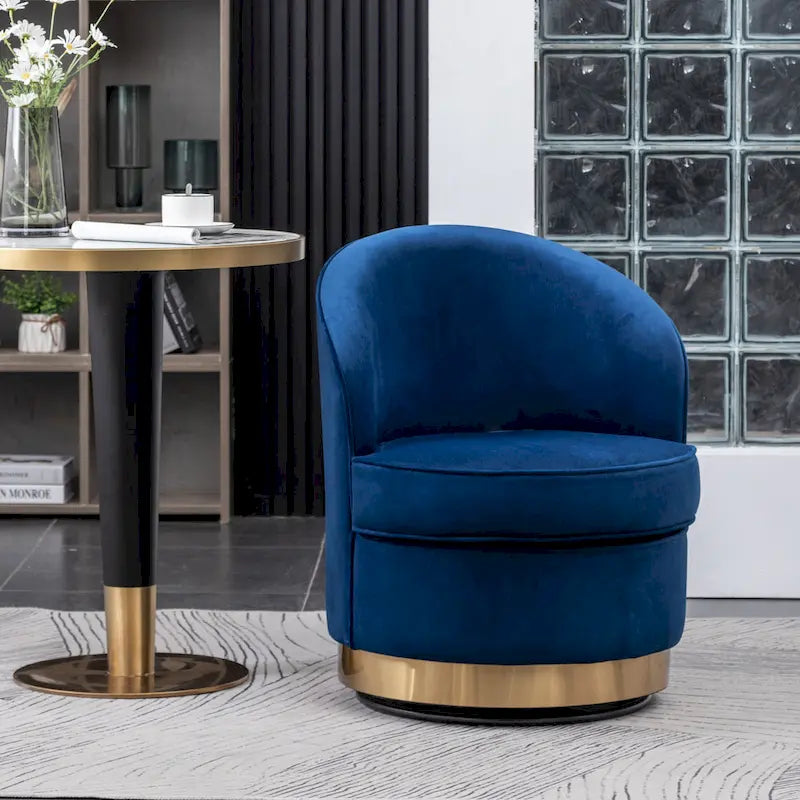 Blue Modern 22  Upholstered Velvet Accent Chair with Round Swivel Metal Base for Living Room