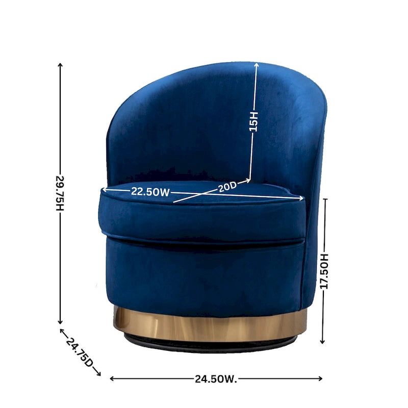Blue Modern 22  Upholstered Velvet Accent Chair with Round Swivel Metal Base for Living Room