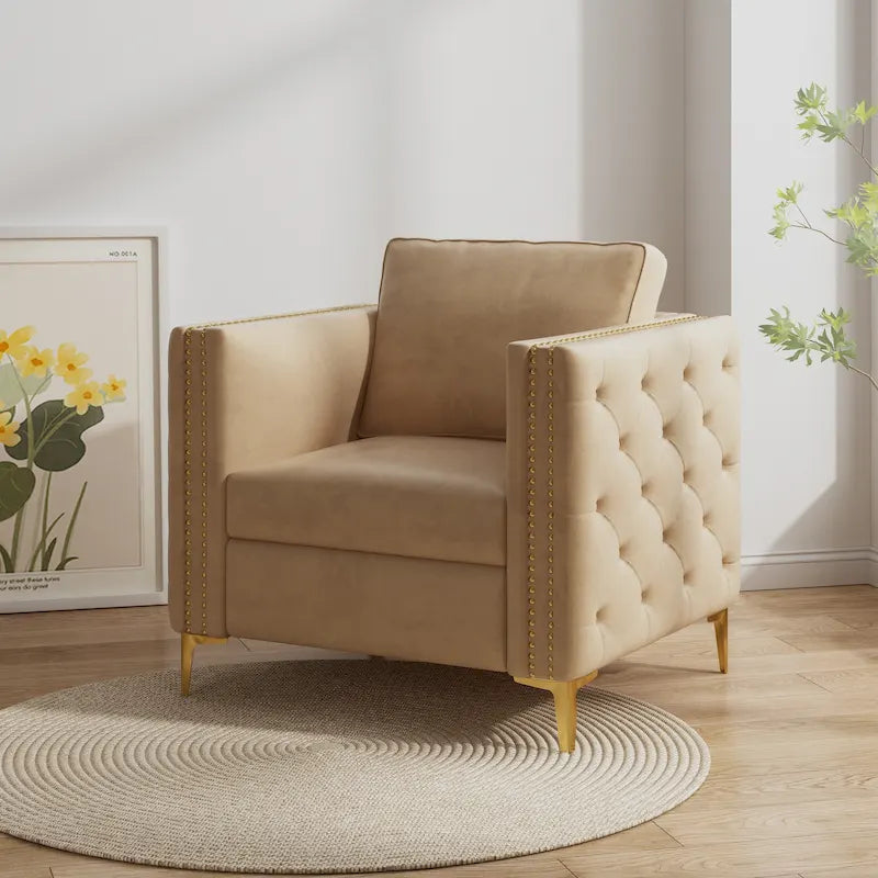 Khaki Modern 35.4  Upholstered Button Tufted Arm Chair with Metal Legs and Nailheads for Living Room