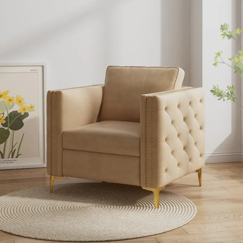Khaki Modern 35.4  Upholstered Button Tufted Arm Chair with Metal Legs and Nailheads for Living Room