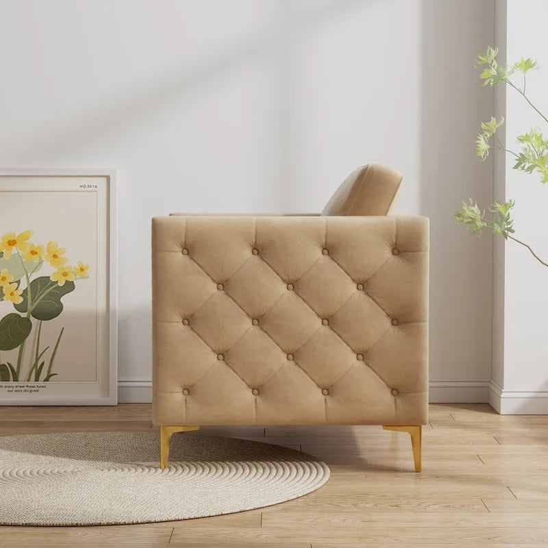 Khaki Modern 35.4  Upholstered Button Tufted Arm Chair with Metal Legs and Nailheads for Living Room