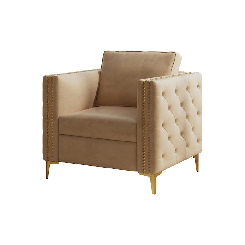 Khaki Modern 35.4  Upholstered Button Tufted Arm Chair with Metal Legs and Nailheads for Living Room
