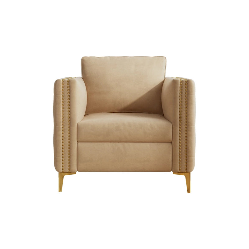 Khaki Modern 35.4  Upholstered Button Tufted Arm Chair with Metal Legs and Nailheads for Living Room