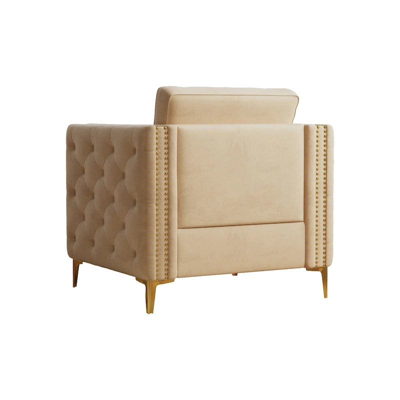 Khaki Modern 35.4  Upholstered Button Tufted Arm Chair with Metal Legs and Nailheads for Living Room