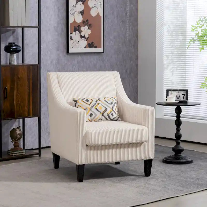 Beige Modern 26.77  Upholstered Arm Chair with Scooped Arms and Rubber Wood Legs for Living Room