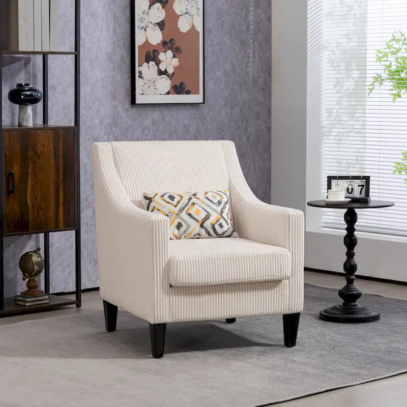 Beige Modern 26.77  Upholstered Arm Chair with Scooped Arms and Rubber Wood Legs for Living Room