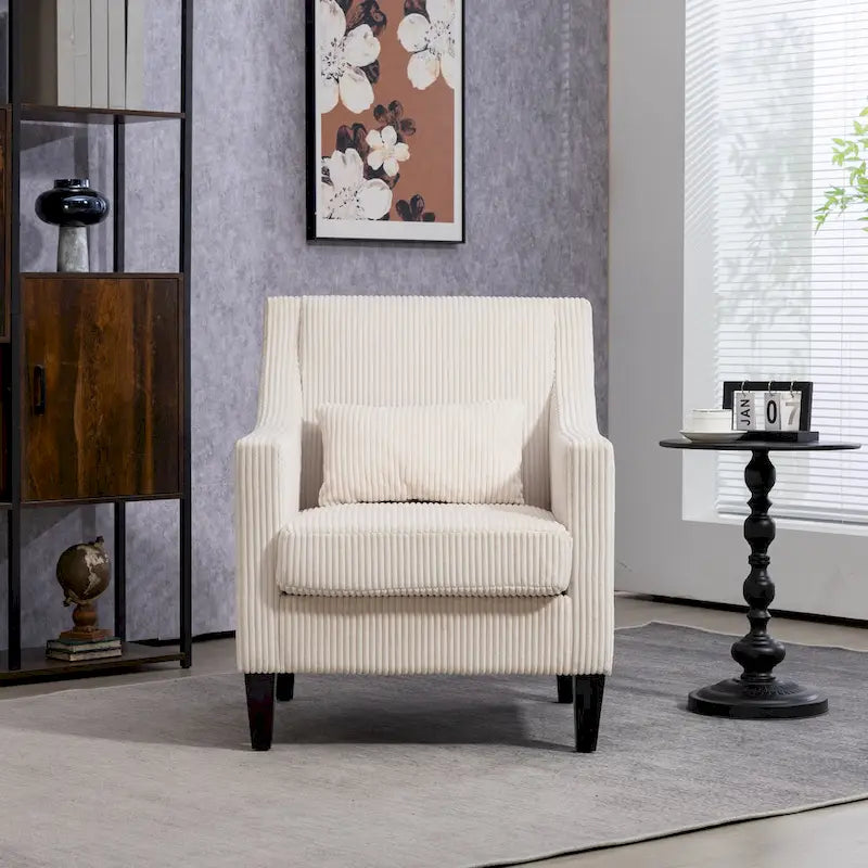 Beige Modern 26.77  Upholstered Arm Chair with Scooped Arms and Rubber Wood Legs for Living Room
