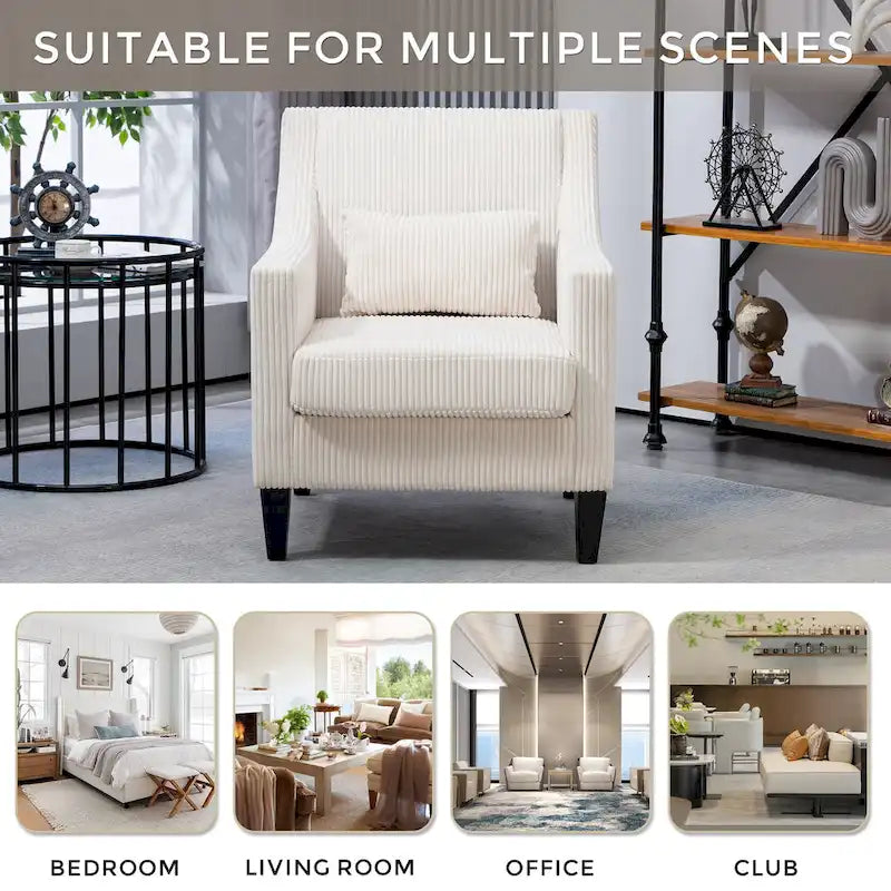 Beige Modern 26.77  Upholstered Arm Chair with Scooped Arms and Rubber Wood Legs for Living Room