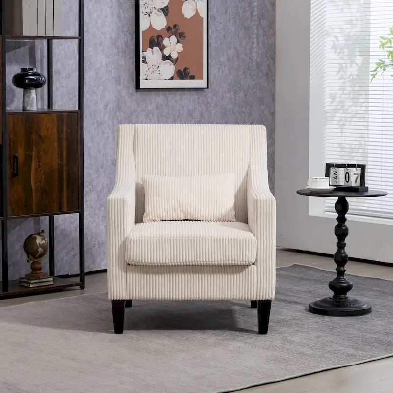 Beige Modern 26.77  Upholstered Arm Chair with Scooped Arms and Rubber Wood Legs for Living Room
