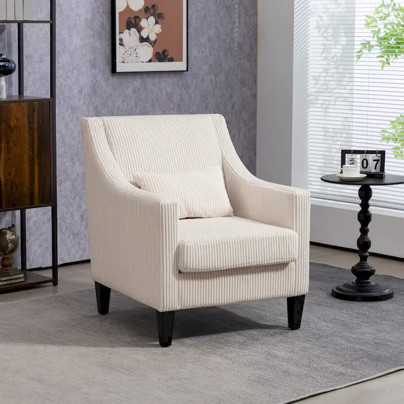 Beige Modern 26.77  Upholstered Arm Chair with Scooped Arms and Rubber Wood Legs for Living Room