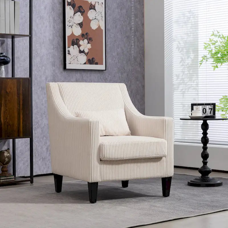 Beige Modern 26.77  Upholstered Arm Chair with Scooped Arms and Rubber Wood Legs for Living Room