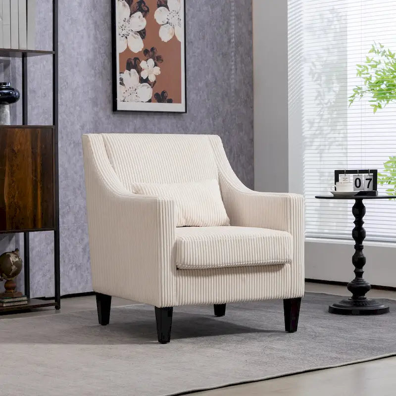 Beige Modern 26.77  Upholstered Arm Chair with Scooped Arms and Rubber Wood Legs for Living Room