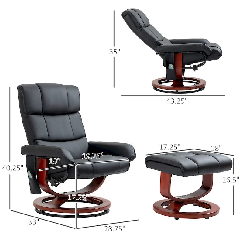Black 28.8  High Back Swivel Recliner Chair with Ottoman