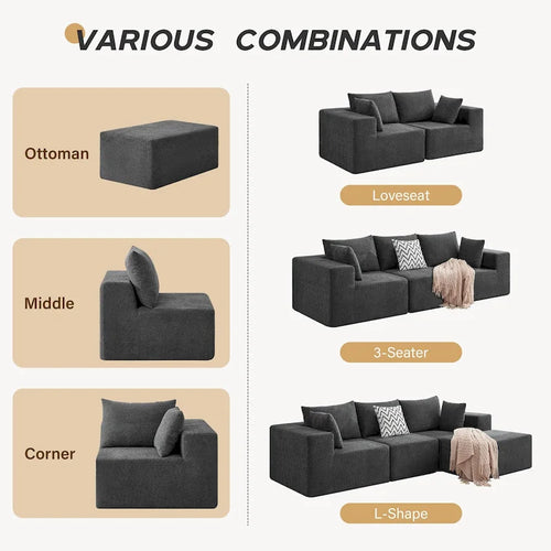 103  Fabric Modular Sectional Sofa with Deep Seats, L-Shaped Cloud Couch and Chaise, No Assembly Required