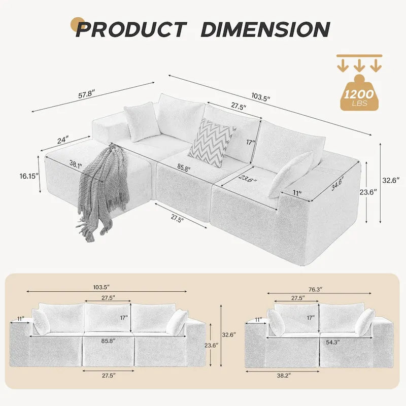 103  Fabric Modular Sectional Sofa with Deep Seats, L-Shaped Cloud Couch and Chaise, No Assembly Required