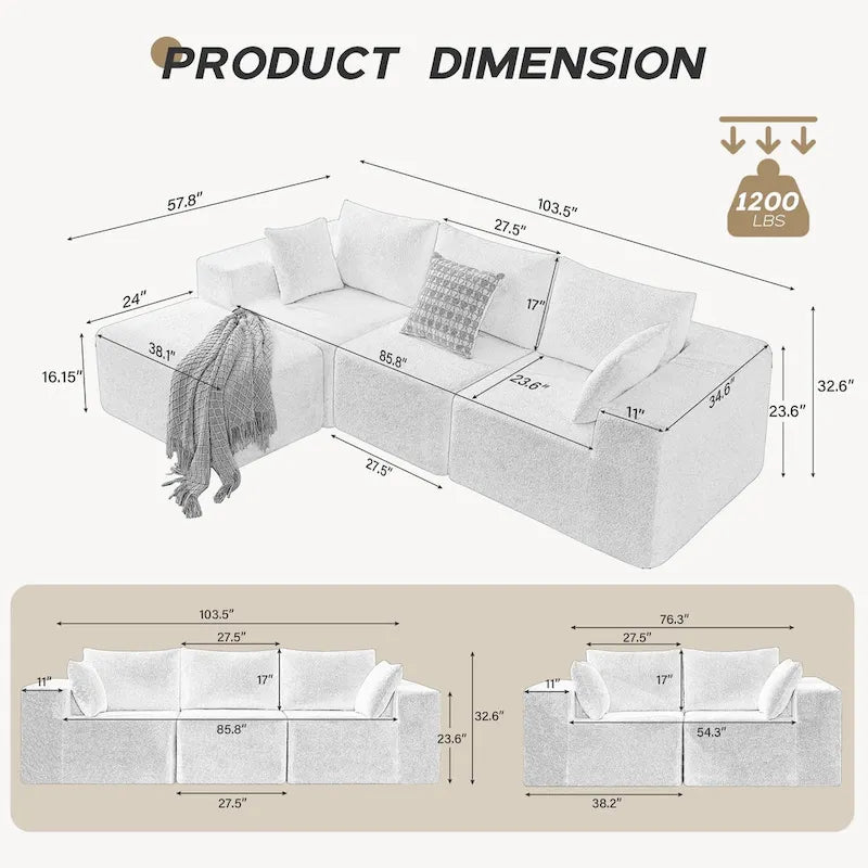 103  Fabric Modular Sectional Sofa with Deep Seats, L-Shaped Cloud Couch and Chaise, No Assembly Required