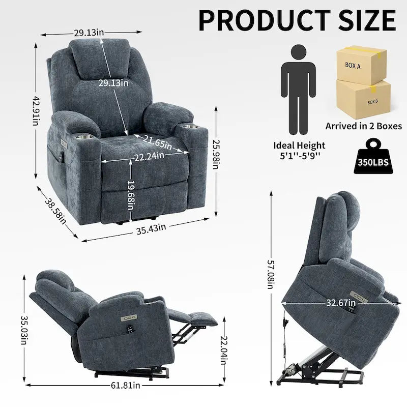 Blue Lift Recliner with 8-Point Massage, Lumbar Heating, Dual USB Ports, and Stainless Steel Cup Holders