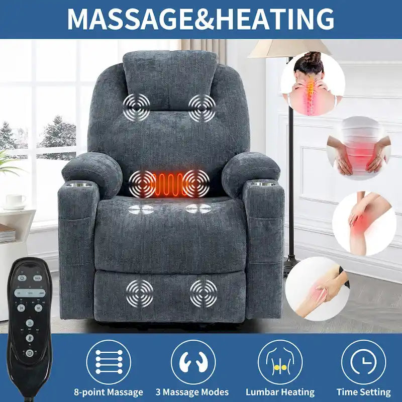 Blue Lift Recliner with 8-Point Massage, Lumbar Heating, Dual USB Ports, and Stainless Steel Cup Holders